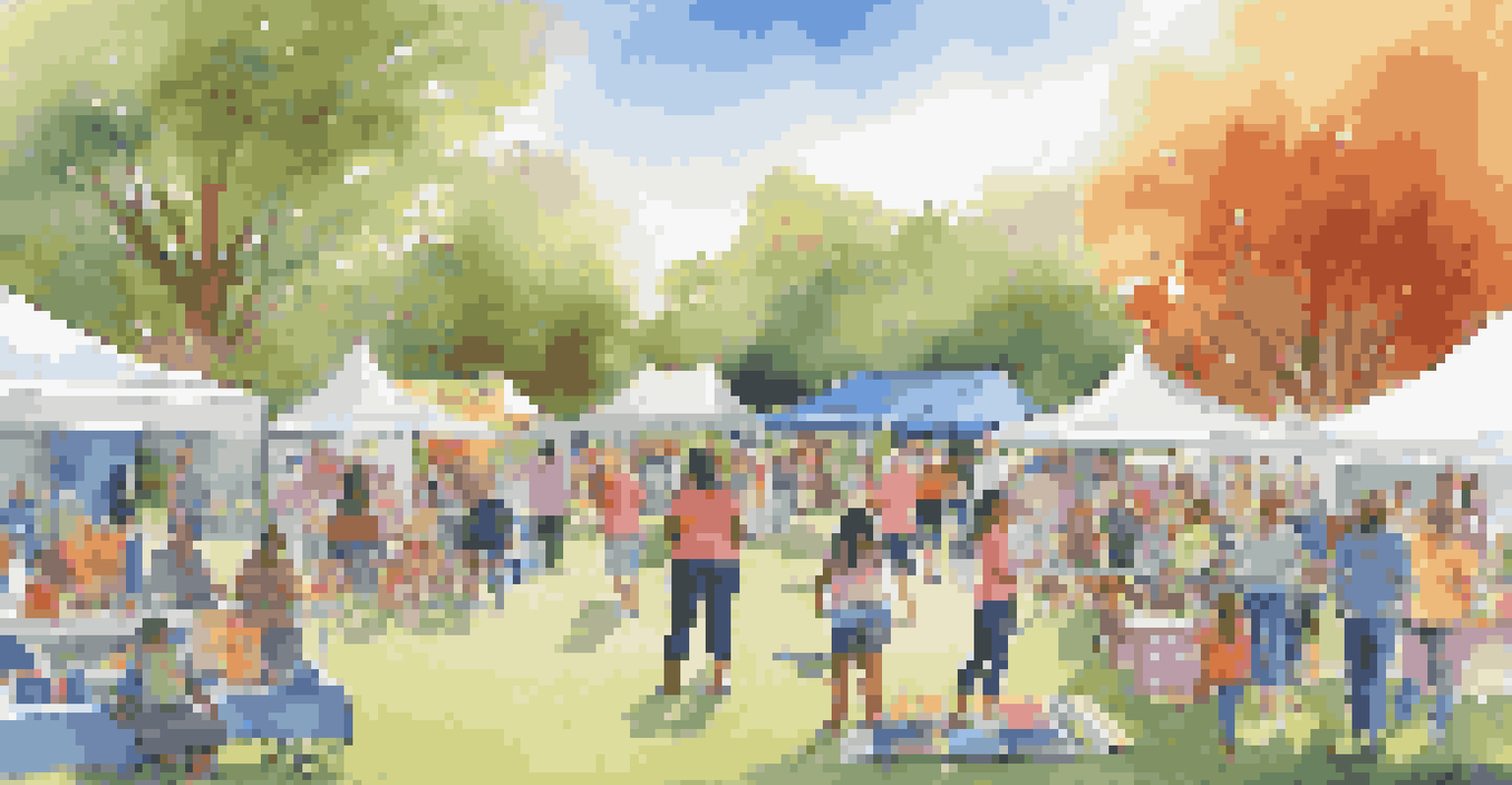 A lively community wellness fair in a park with attendees engaging in activities related to chronic pain management.