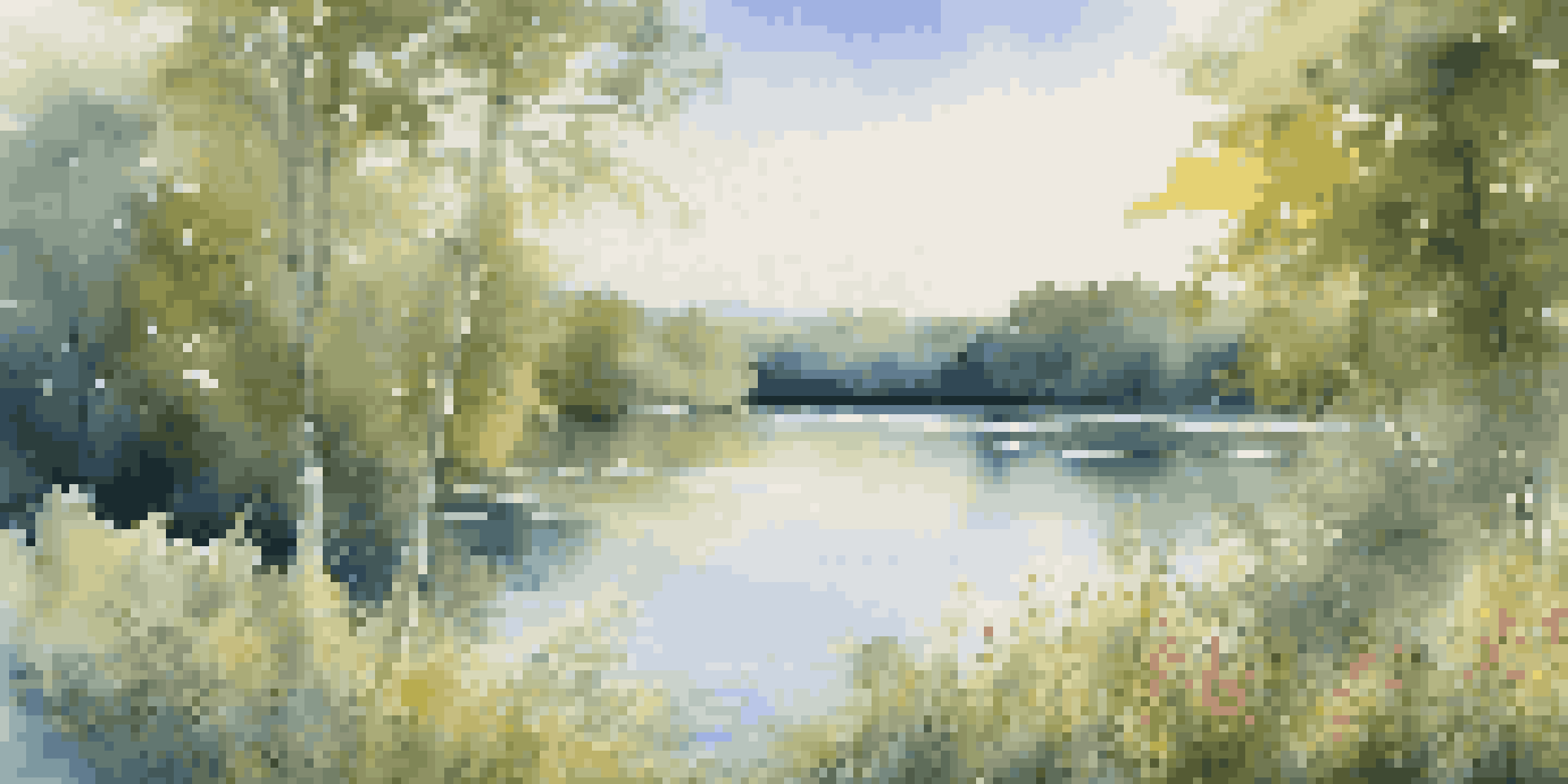 A peaceful lake scene with green trees and colorful wildflowers under a clear blue sky, symbolizing tranquility and healing.