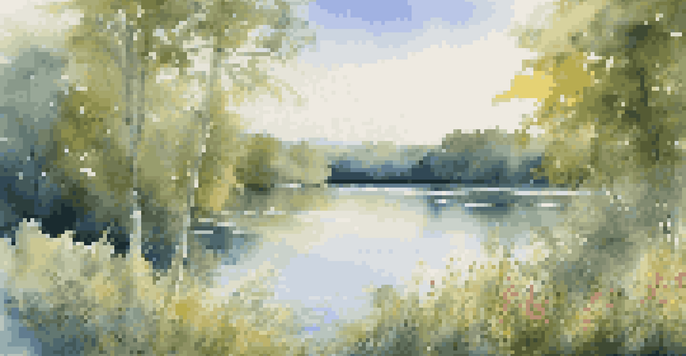 A peaceful lake scene with green trees and colorful wildflowers under a clear blue sky, symbolizing tranquility and healing.