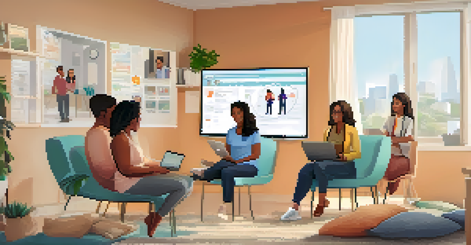 A video call consultation between a healthcare provider and diverse patients in a home office setting.