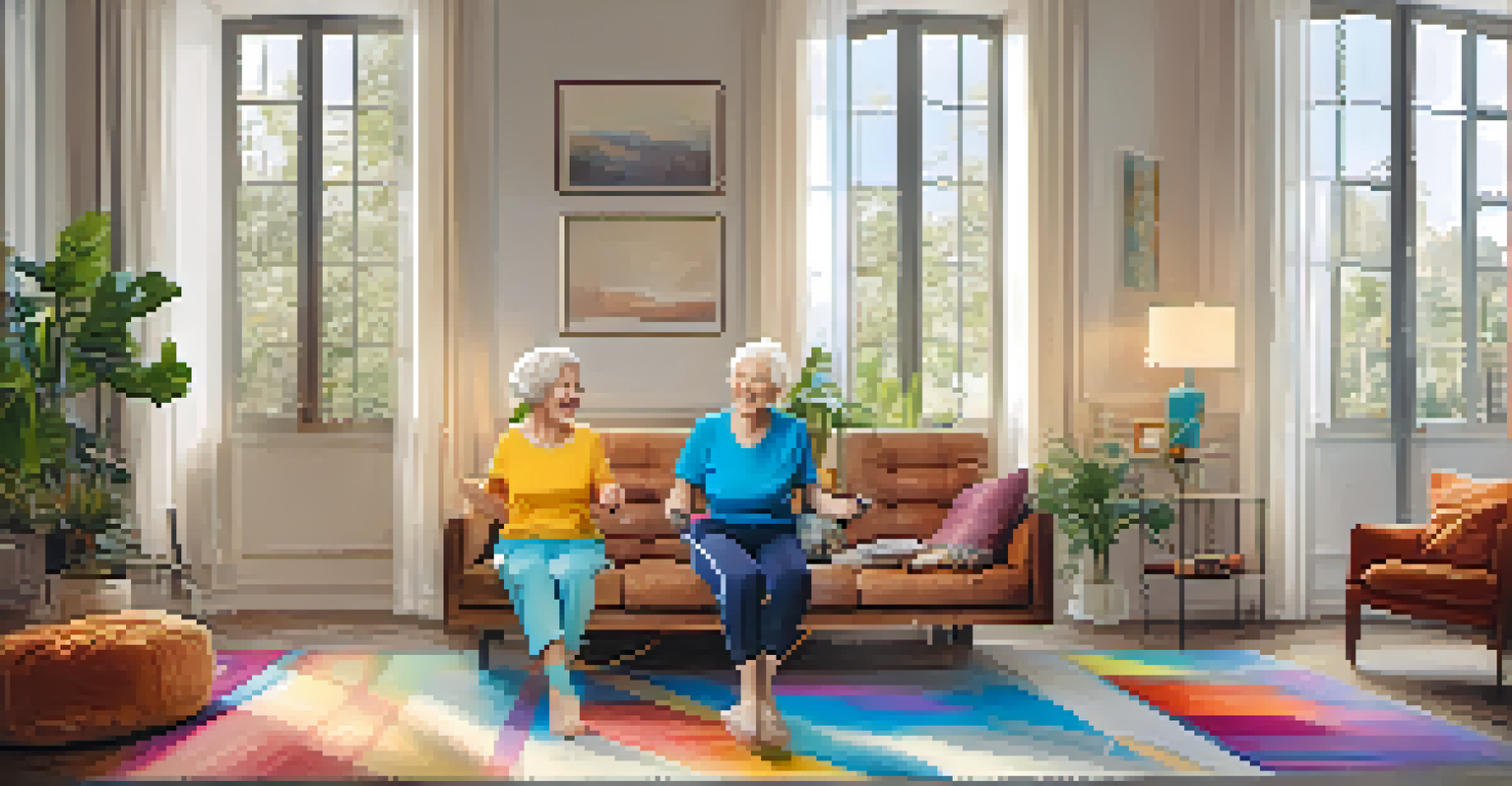 An elderly couple doing balance exercises with resistance bands in a bright living room filled with sunlight and colorful decor.