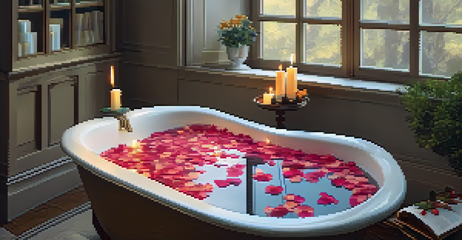 A relaxing bath scene with candles, flower petals in the water, and a nearby table with a book and herbal tea, promoting a sense of self-care and relaxation.