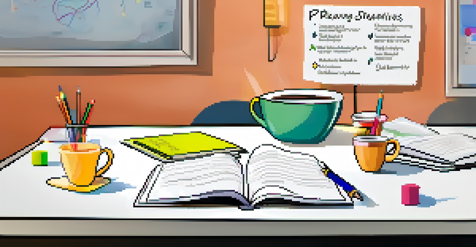 A table with a notebook and pens for a safety planning session, with a whiteboard showing coping strategies in the background.