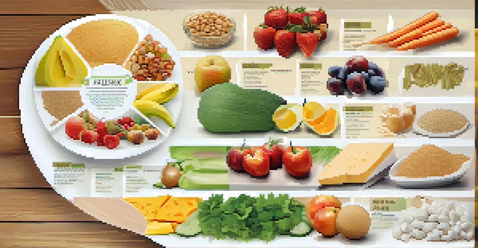 An infographic showing a balanced plate of different food groups including fruits, vegetables, and grains.