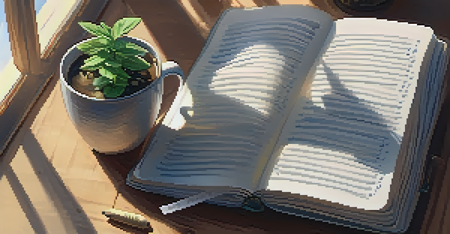 An open notebook with handwritten notes about personal development, a cup of herbal tea, and a potted plant on a wooden table, illuminated by sunlight.