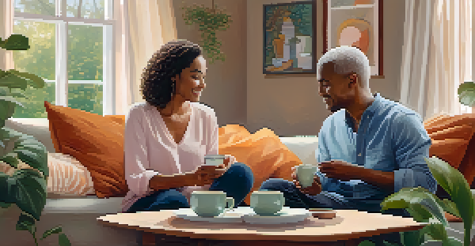 A couple sitting in a cozy living room, having a conversation with tea, surrounded by plants and warm decor.