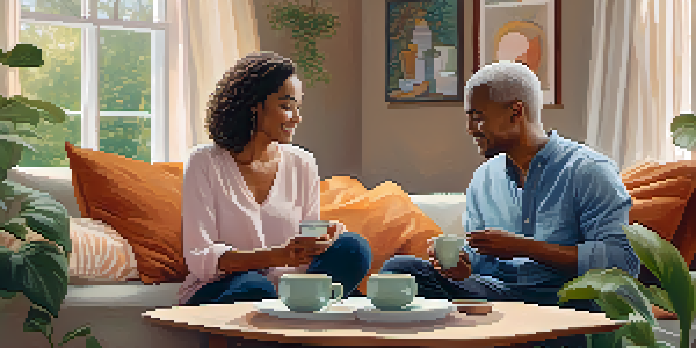 A couple sitting in a cozy living room, having a conversation with tea, surrounded by plants and warm decor.
