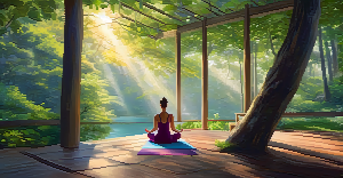 Participants engaged in a peaceful yoga session on a wooden deck in a lush forest, surrounded by trees and morning light.