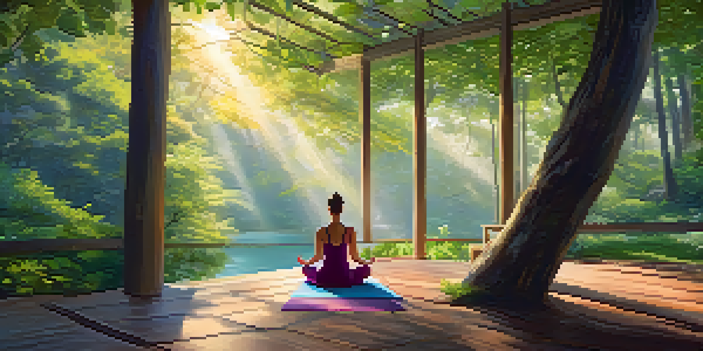 Participants engaged in a peaceful yoga session on a wooden deck in a lush forest, surrounded by trees and morning light.