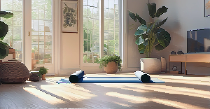 A peaceful yoga space at home with soft lighting, indoor plants, and a yoga mat illuminated by sunlight.