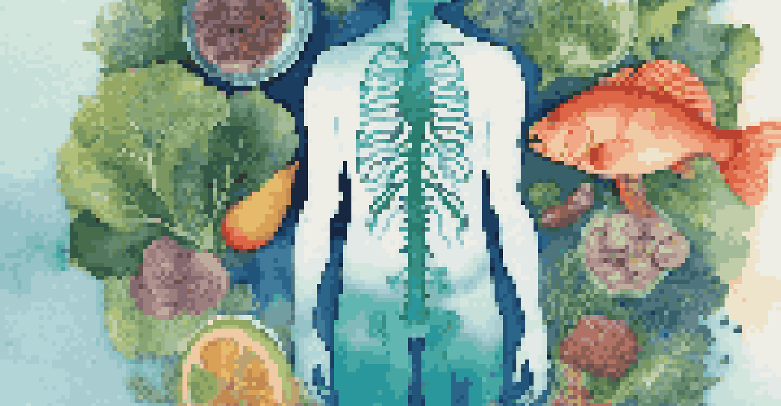 A silhouette of a person with glowing gut and lungs, surrounded by colorful bacteria and healthy foods, set against a soothing gradient background.