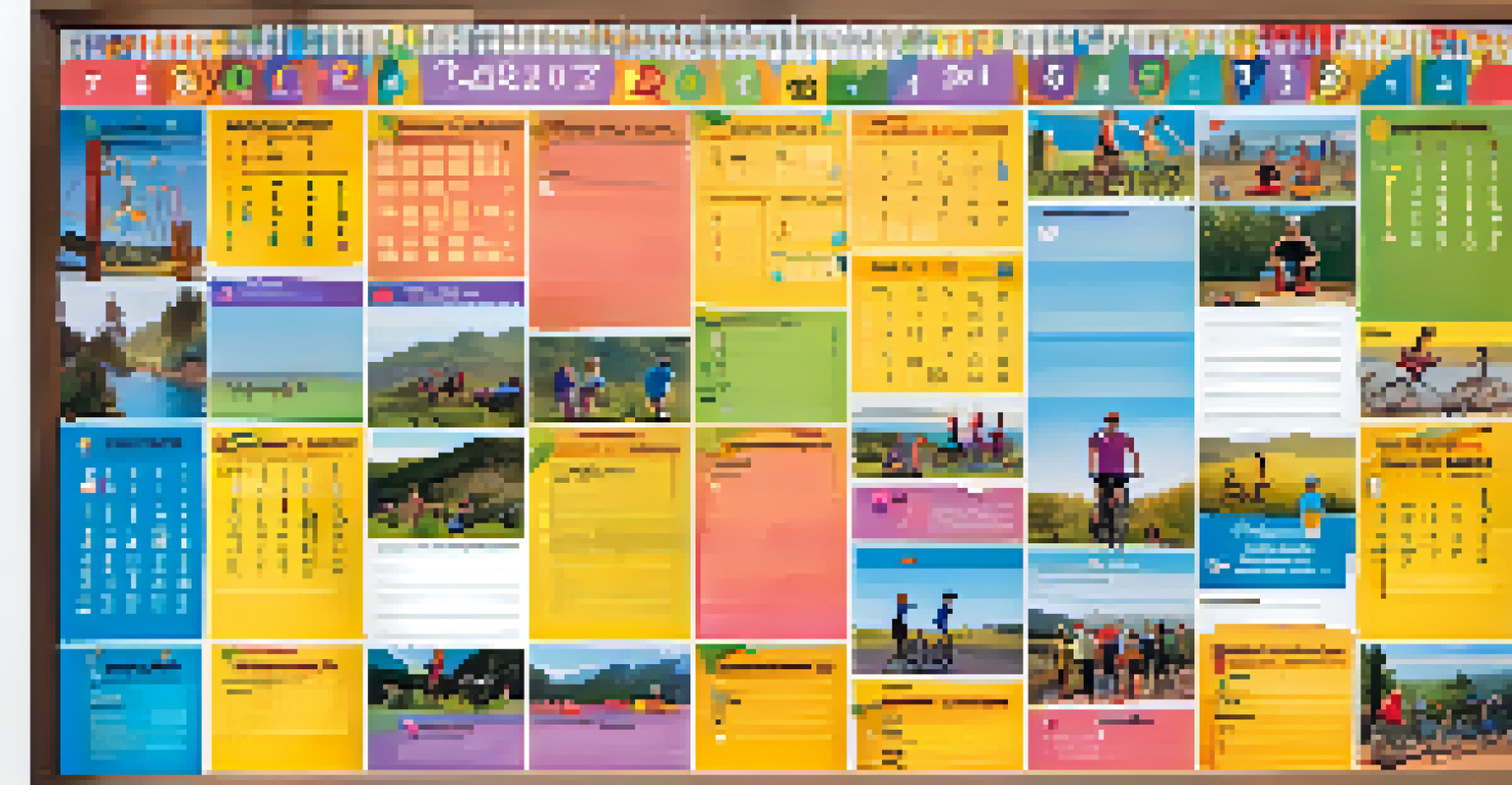 A colorful family fitness calendar on a wall with family members pointing at it and discussing activities.