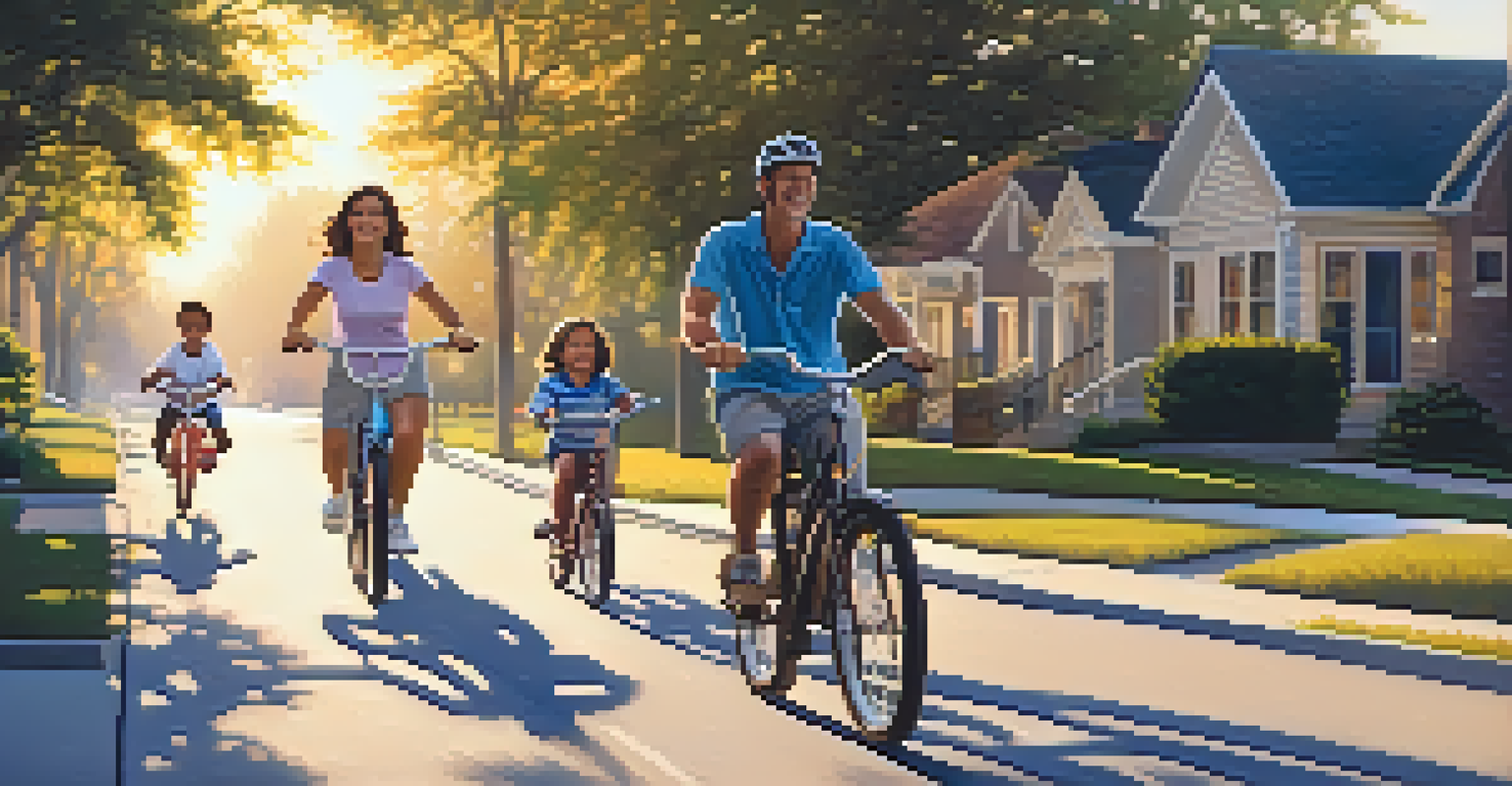 A family biking together in the morning, with parents leading and children following, illuminated by the warm glow of the rising sun.