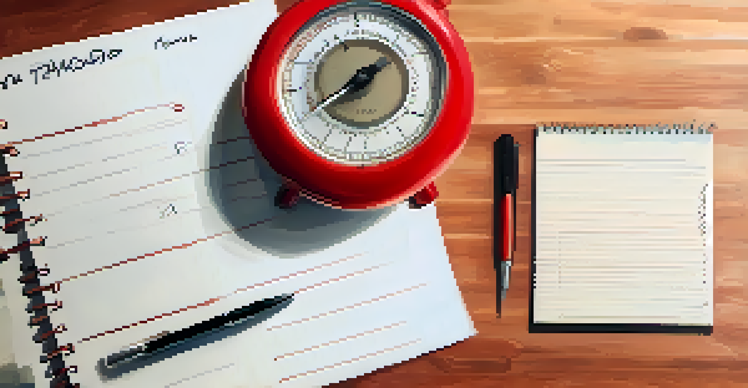 A red timer on a wooden desk next to a notebook, symbolizing the Pomodoro Technique with soft lighting.