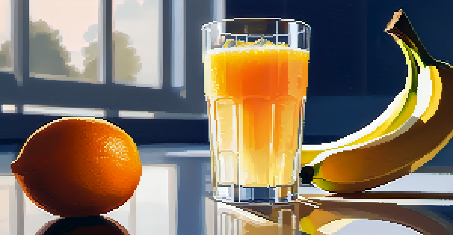A close-up of a sports drink on a gym floor, surrounded by a towel and fresh fruits, with sunlight streaming in.