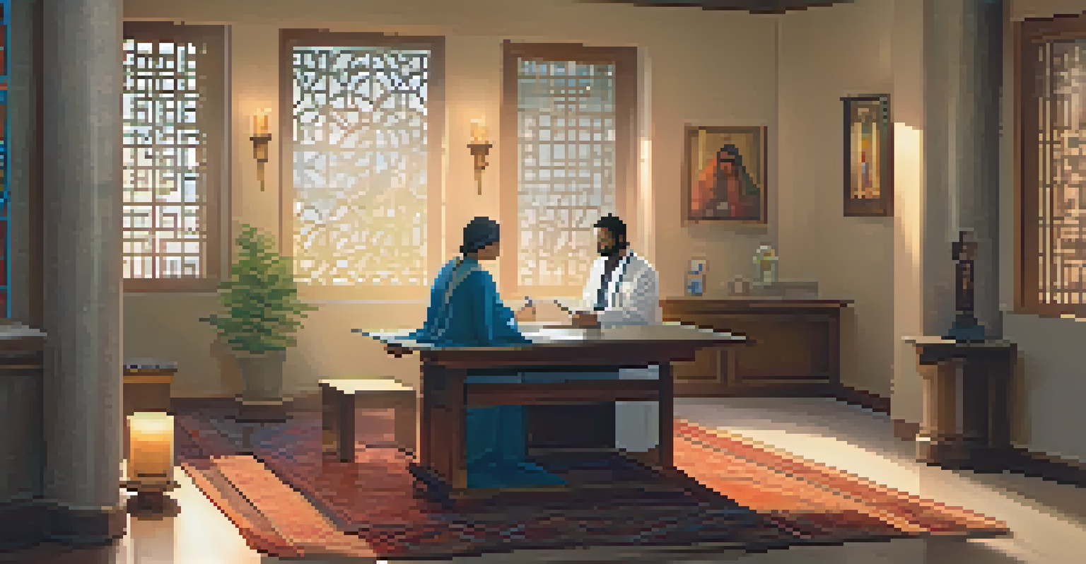 A healthcare provider conducting a spiritual assessment with a patient in a warm and inviting office, surrounded by religious symbols.