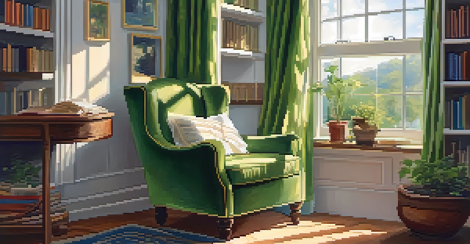 A cozy reading nook with an armchair, a cup of tea, and plants, illuminated by warm sunlight.