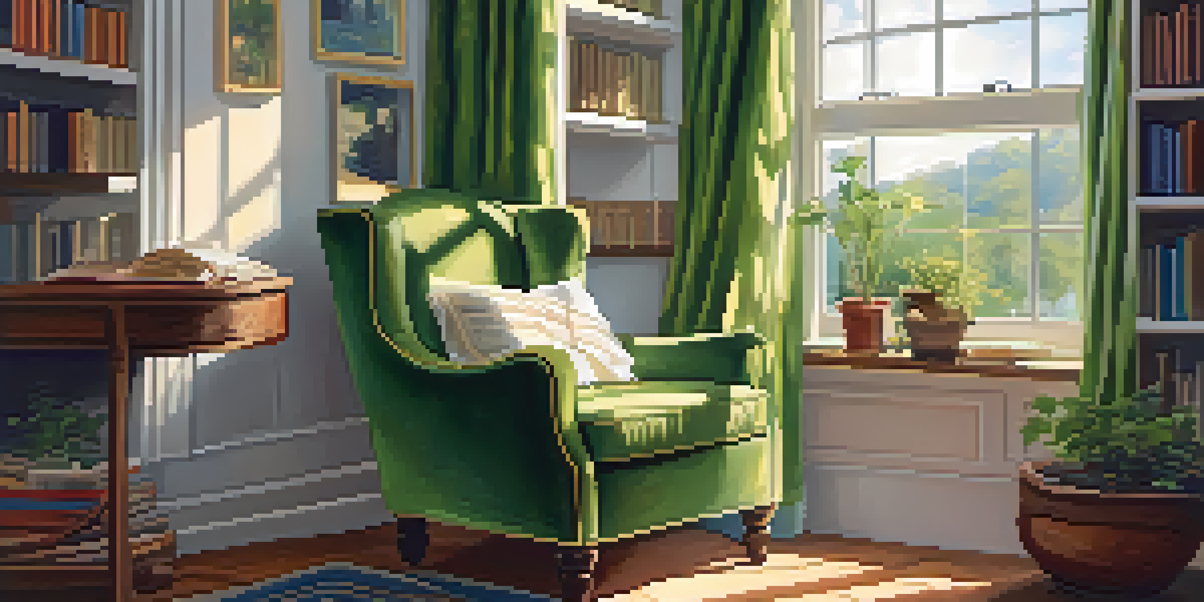 A cozy reading nook with an armchair, a cup of tea, and plants, illuminated by warm sunlight.