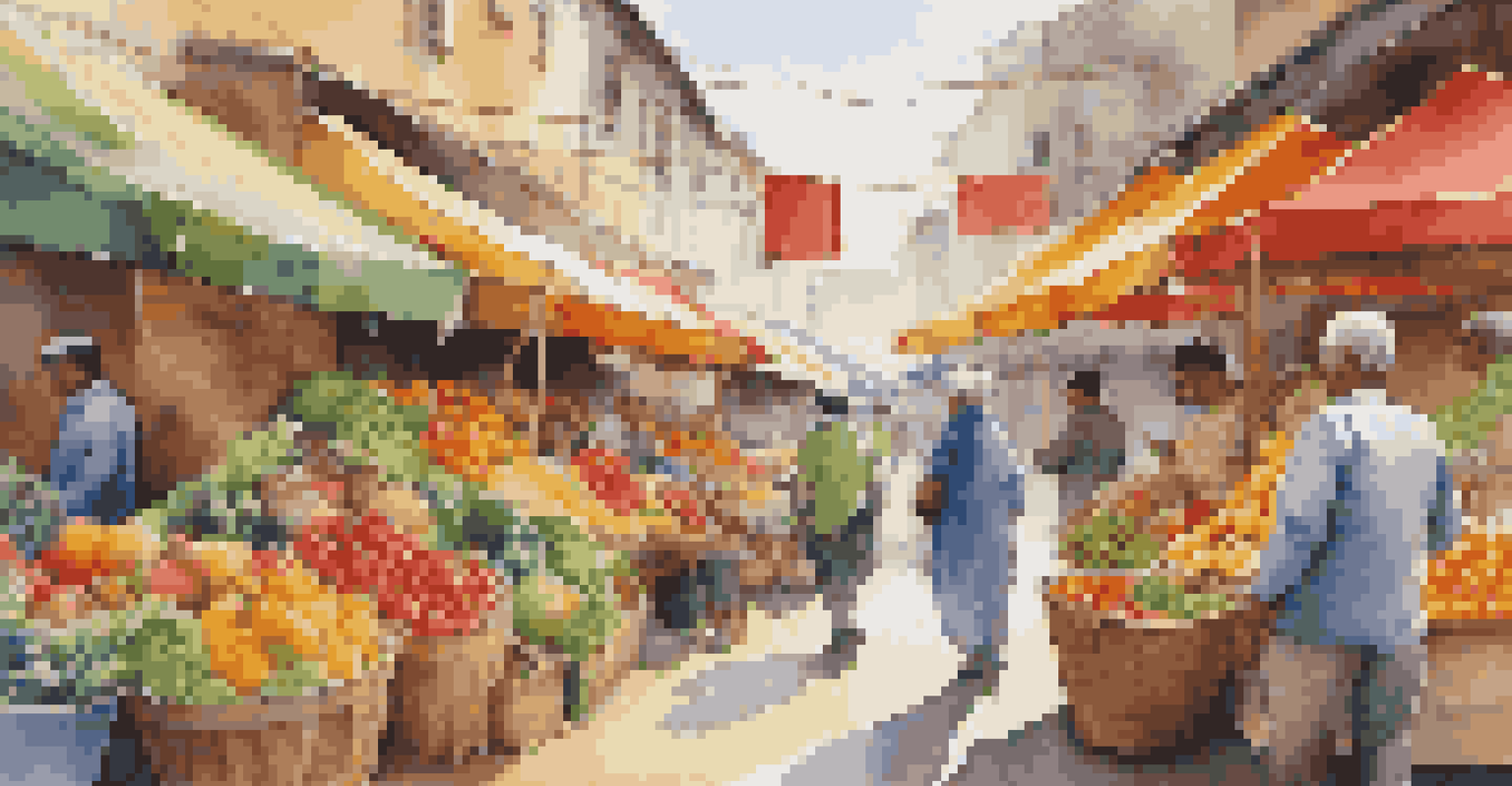 An adult examining fresh produce at a lively marketplace, surrounded by colorful stalls and vendors.