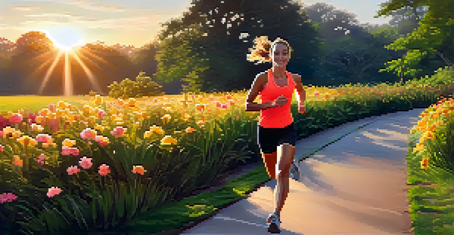 A person running in a park during sunrise, surrounded by greenery and flowers, embodying a healthy lifestyle.