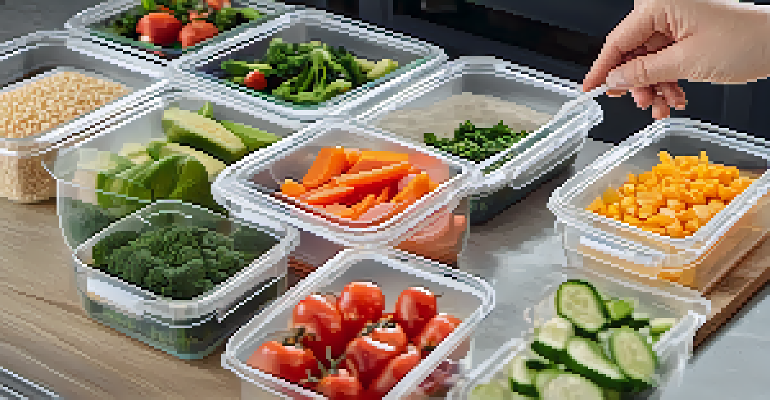 A close-up of a hand labeling clear meal prep containers on a kitchen countertop, surrounded by fresh ingredients.