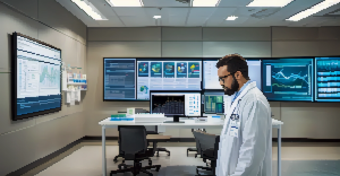 A healthcare professional examining health data on a large screen, showcasing various graphs and statistics related to patient care.
