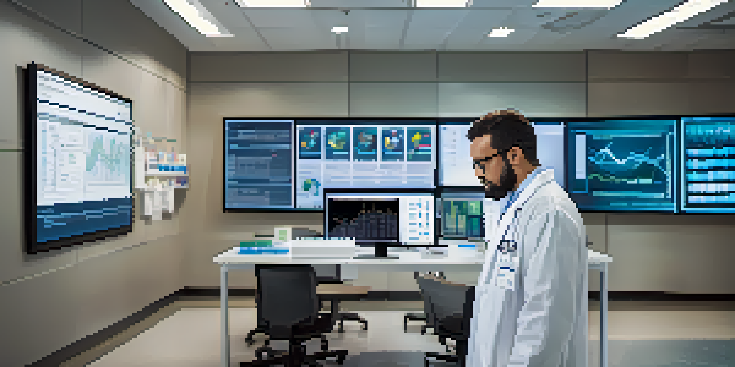 A healthcare professional examining health data on a large screen, showcasing various graphs and statistics related to patient care.