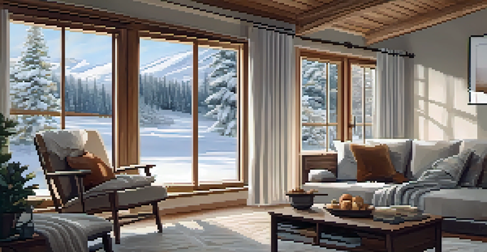 A warm and inviting Scandinavian living room with natural light, snow outside, and a person reading a book by the fireplace.
