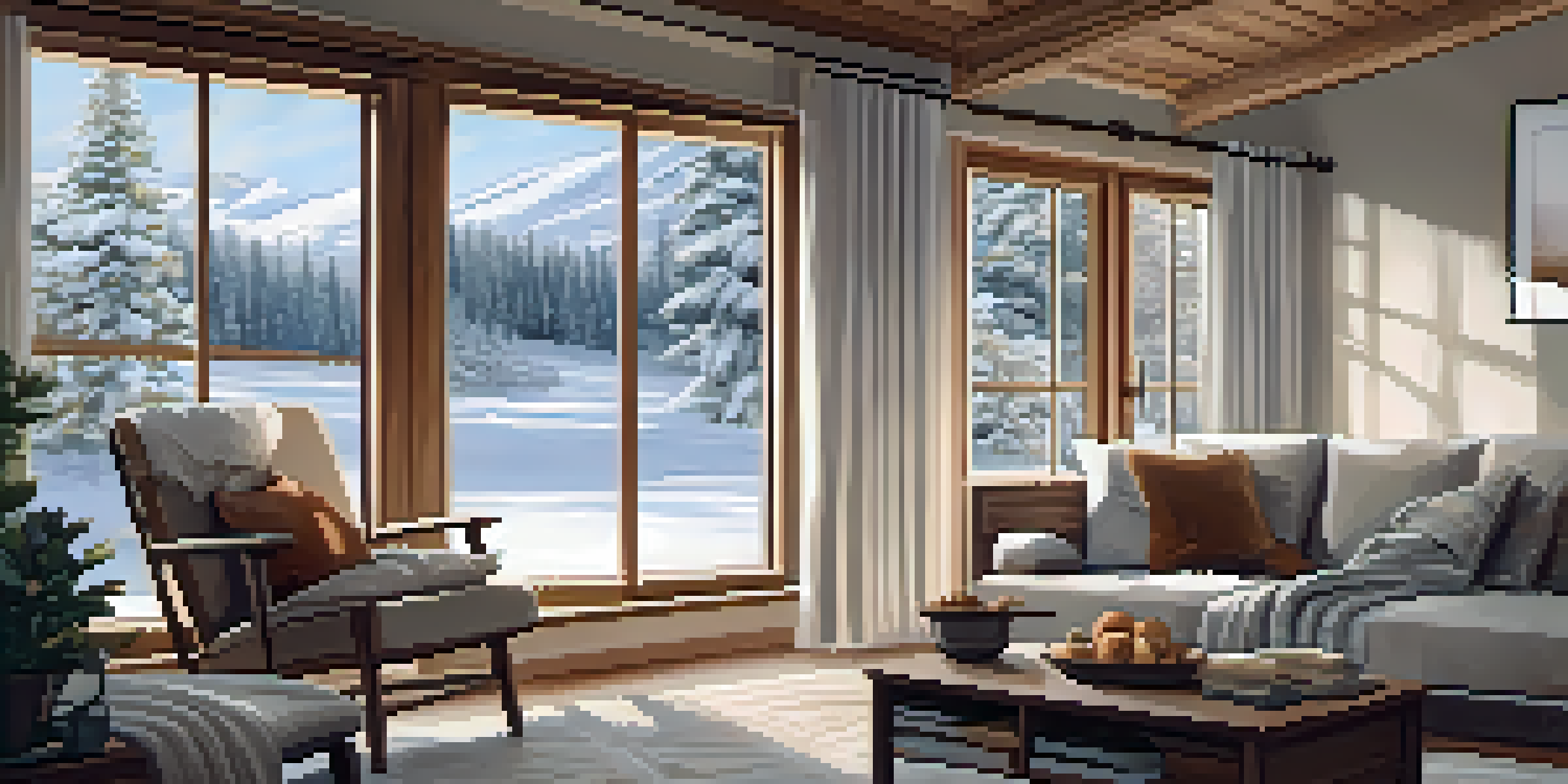 A warm and inviting Scandinavian living room with natural light, snow outside, and a person reading a book by the fireplace.