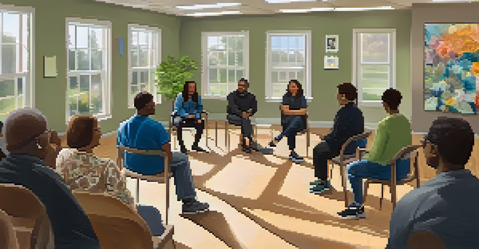 A community center room with people in a mental health workshop, bright and welcoming with inspirational artwork.