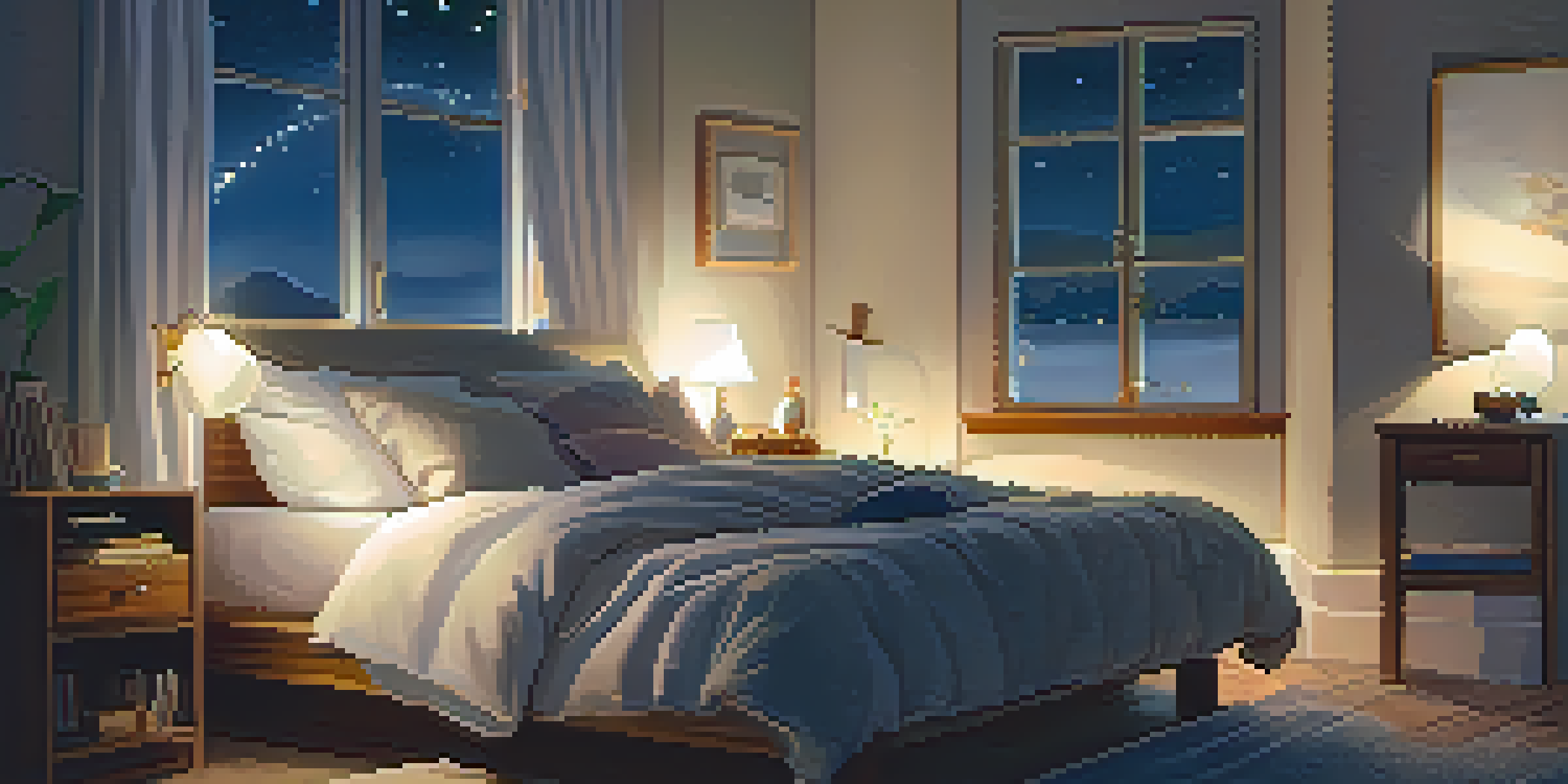 A cozy bedroom scene with a soft bed, warm lighting, and a night sky visible through the window, promoting a sense of relaxation and sleep.