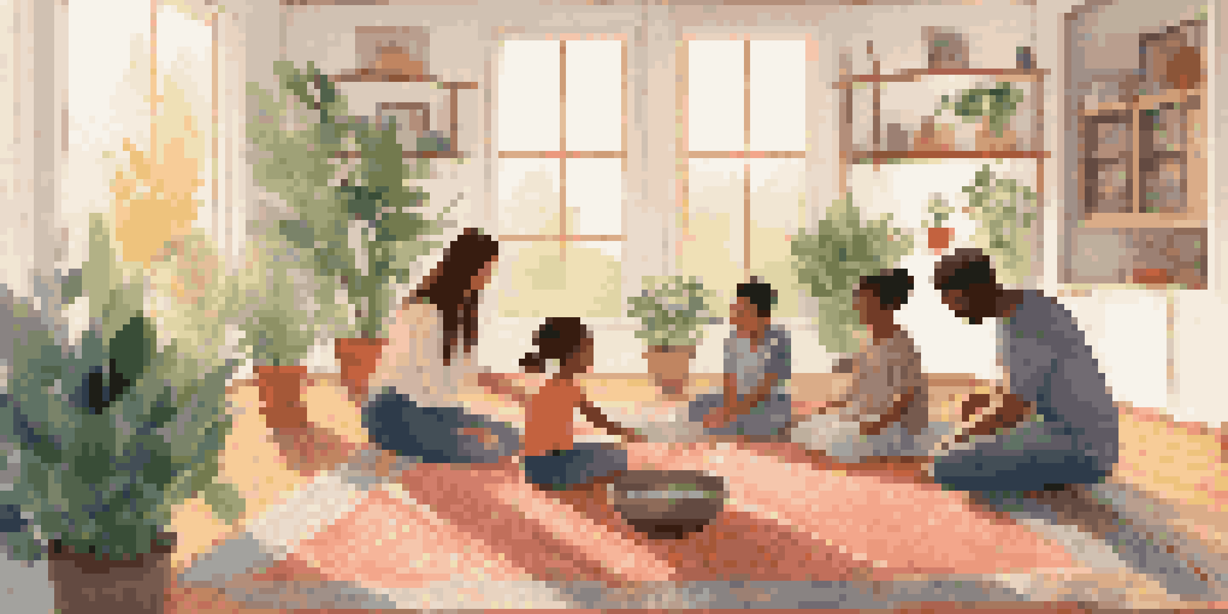 A family practicing mindfulness together in a cozy living room, sitting in a circle on a colorful rug.