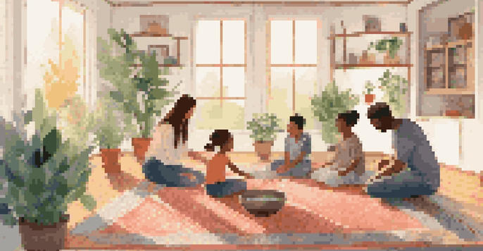 A family practicing mindfulness together in a cozy living room, sitting in a circle on a colorful rug.