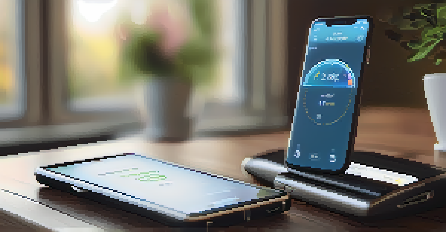 A smart insulin pen and smartphone on a wooden table, displaying a tracking app interface in a cozy living room.