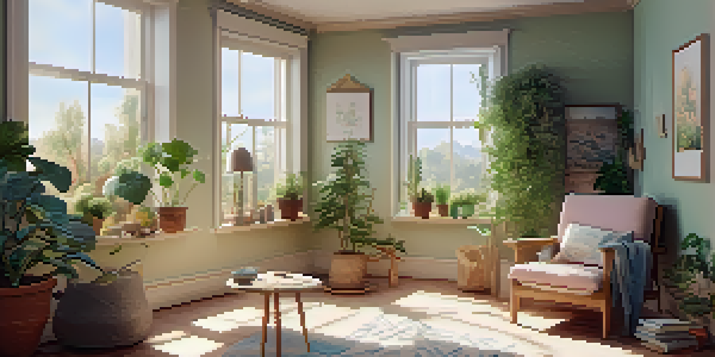 A cozy reading nook in a sunlit room with plants, featuring an armchair, cup of tea, and an open book.