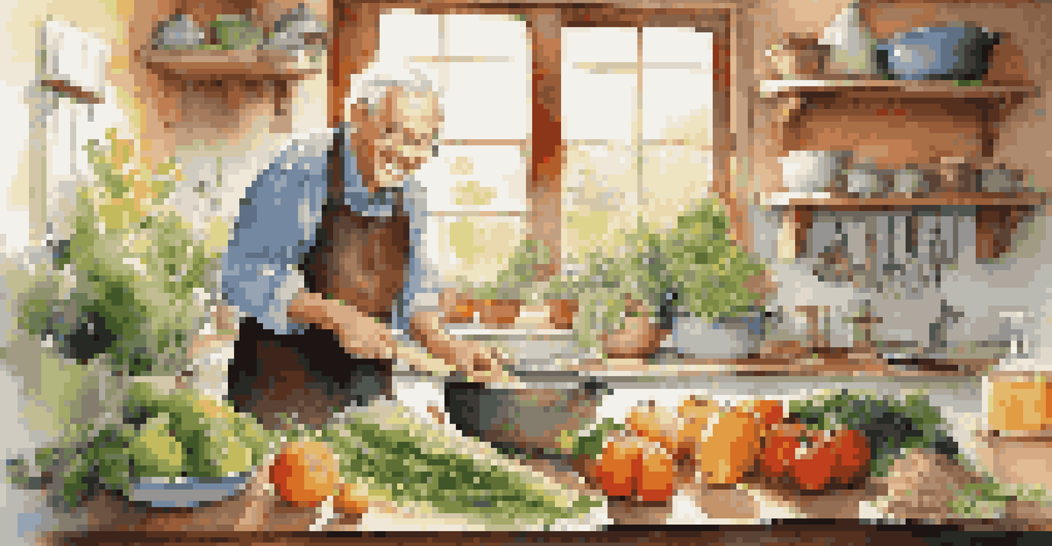 An older man in a kitchen preparing a healthy meal with fresh vegetables and fruits, smiling while chopping ingredients.