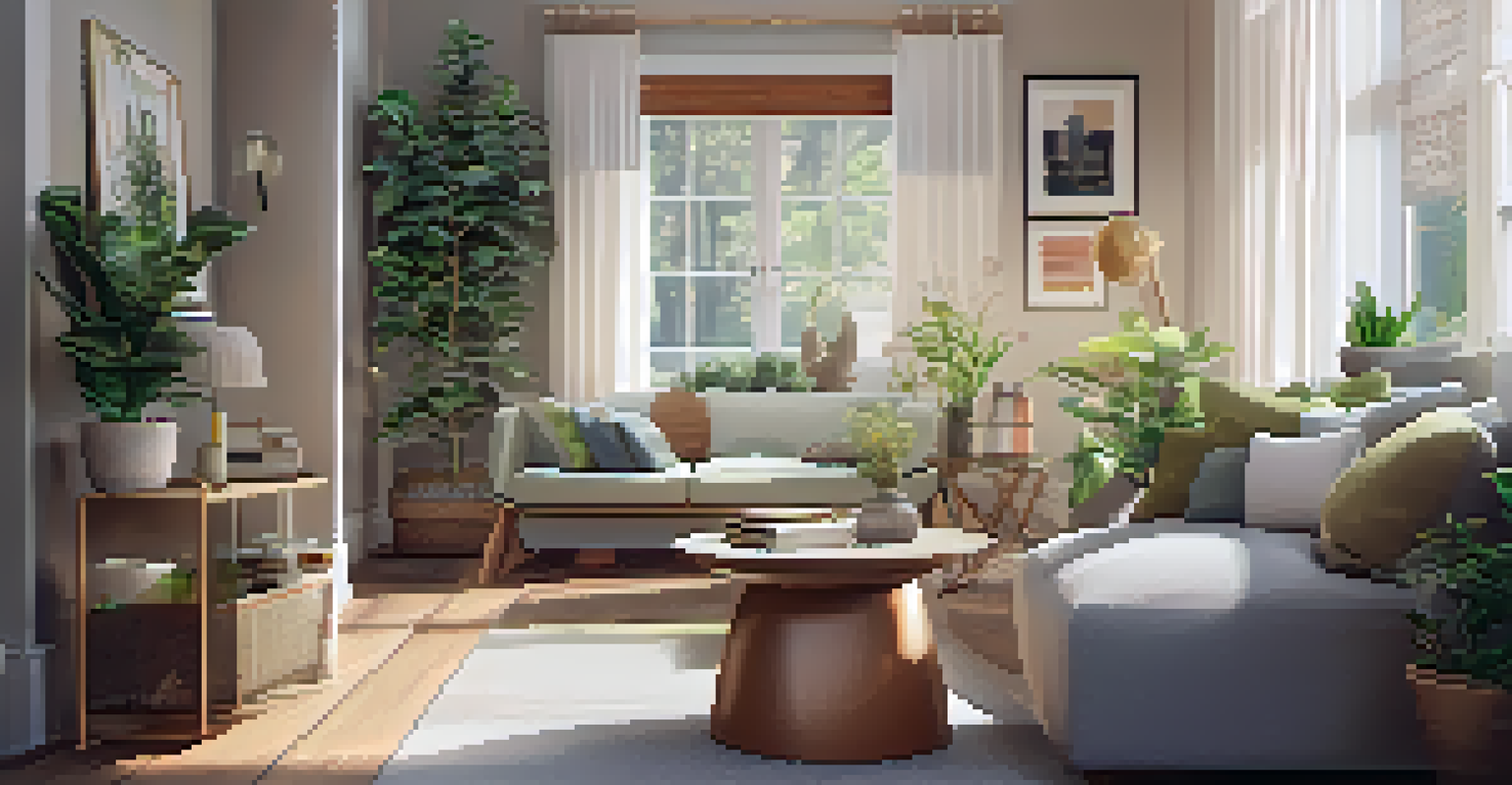A comfortable and serene living room with ergonomic furniture, soft lighting, and plants, designed for relaxation.