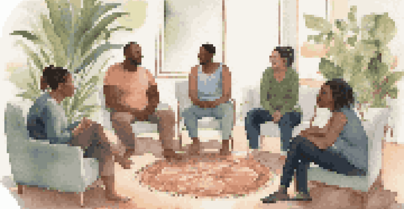 A diverse group of people in a circle discussing self-compassion, radiating warmth and support.