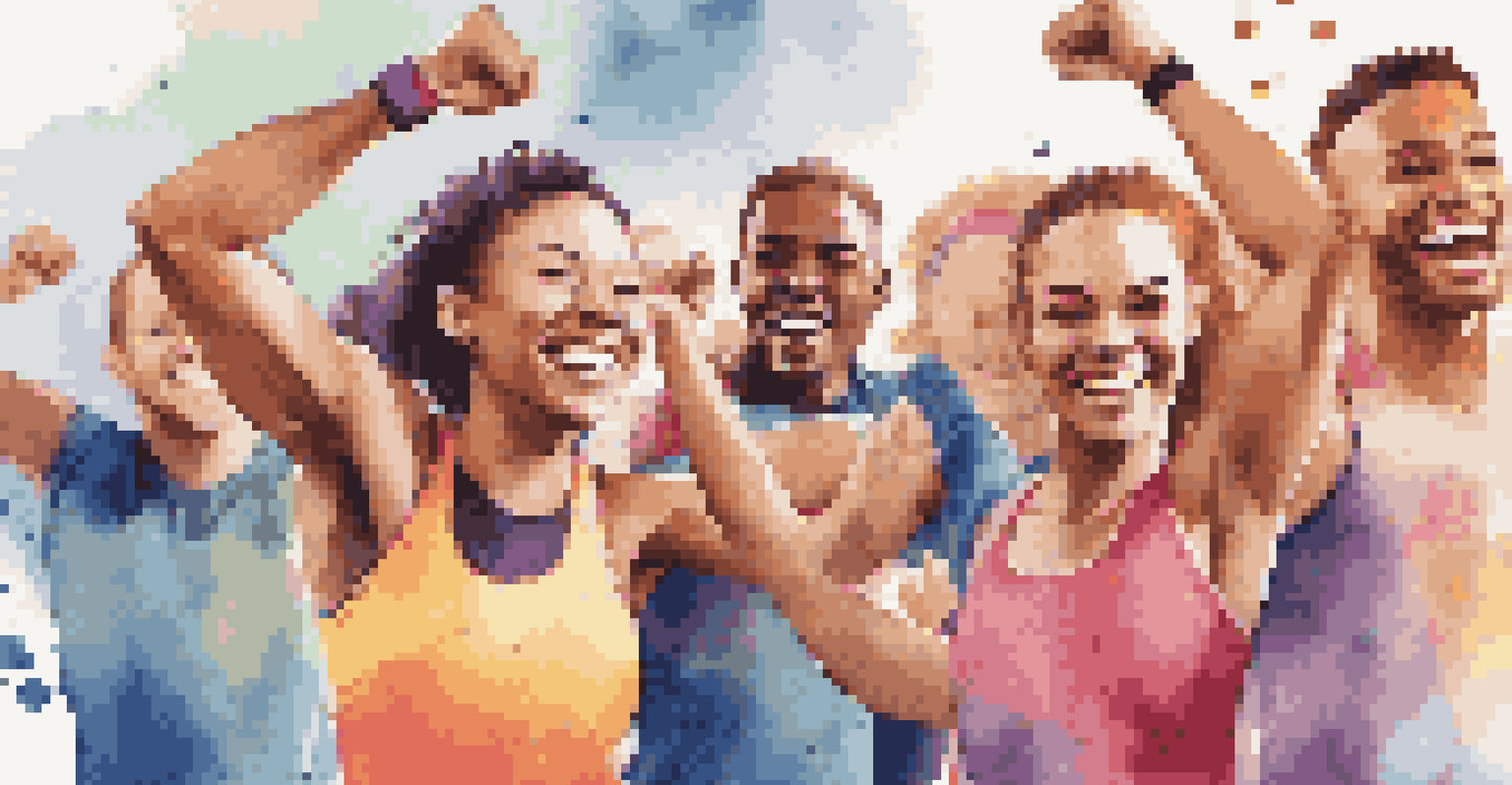 A group of friends celebrating their workout success with high-fives and smiles in a gym setting.