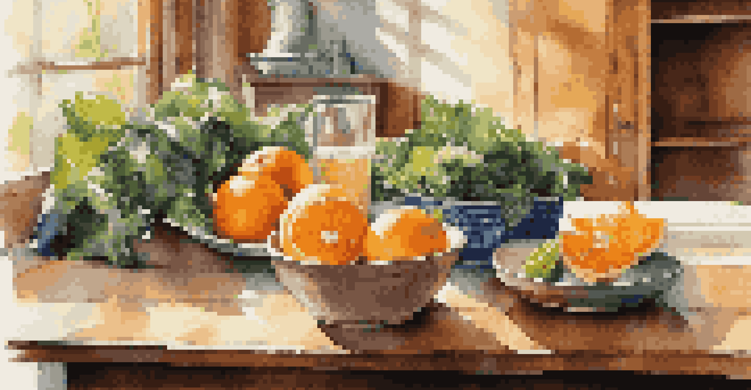 A still life arrangement of healthy foods like oranges and leafy greens on a kitchen table, with sunlight enhancing the colors and textures.
