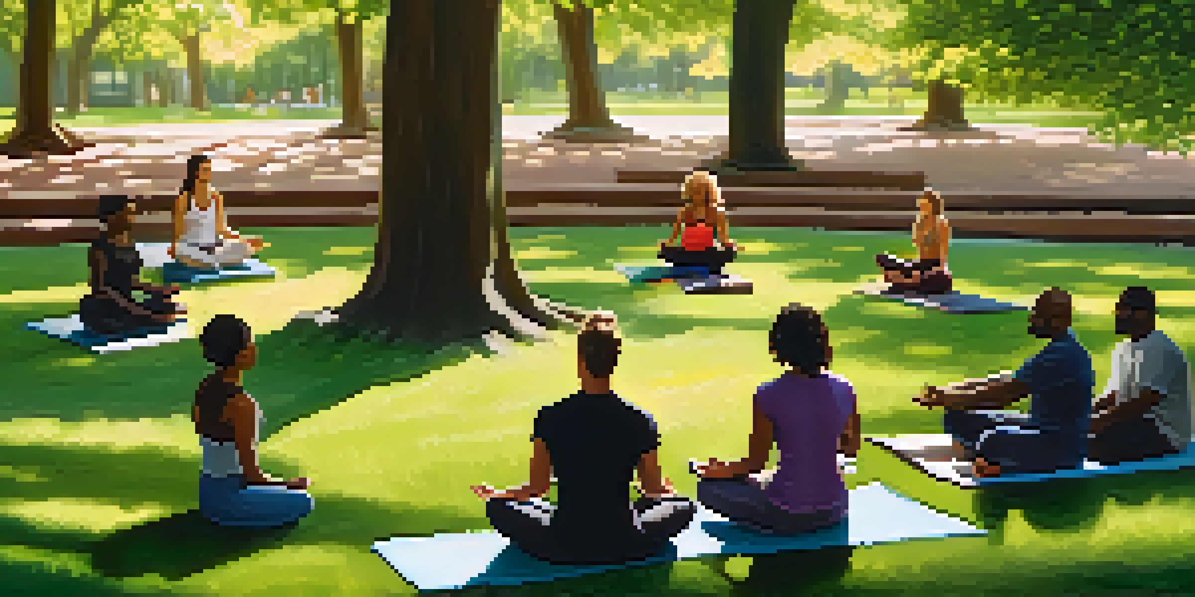 A wellness coaching session in a park with diverse individuals sitting in a circle, discussing health and wellness.