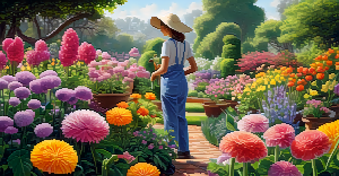 A colorful garden with a gardener watering flowers, symbolizing care and nurturing.