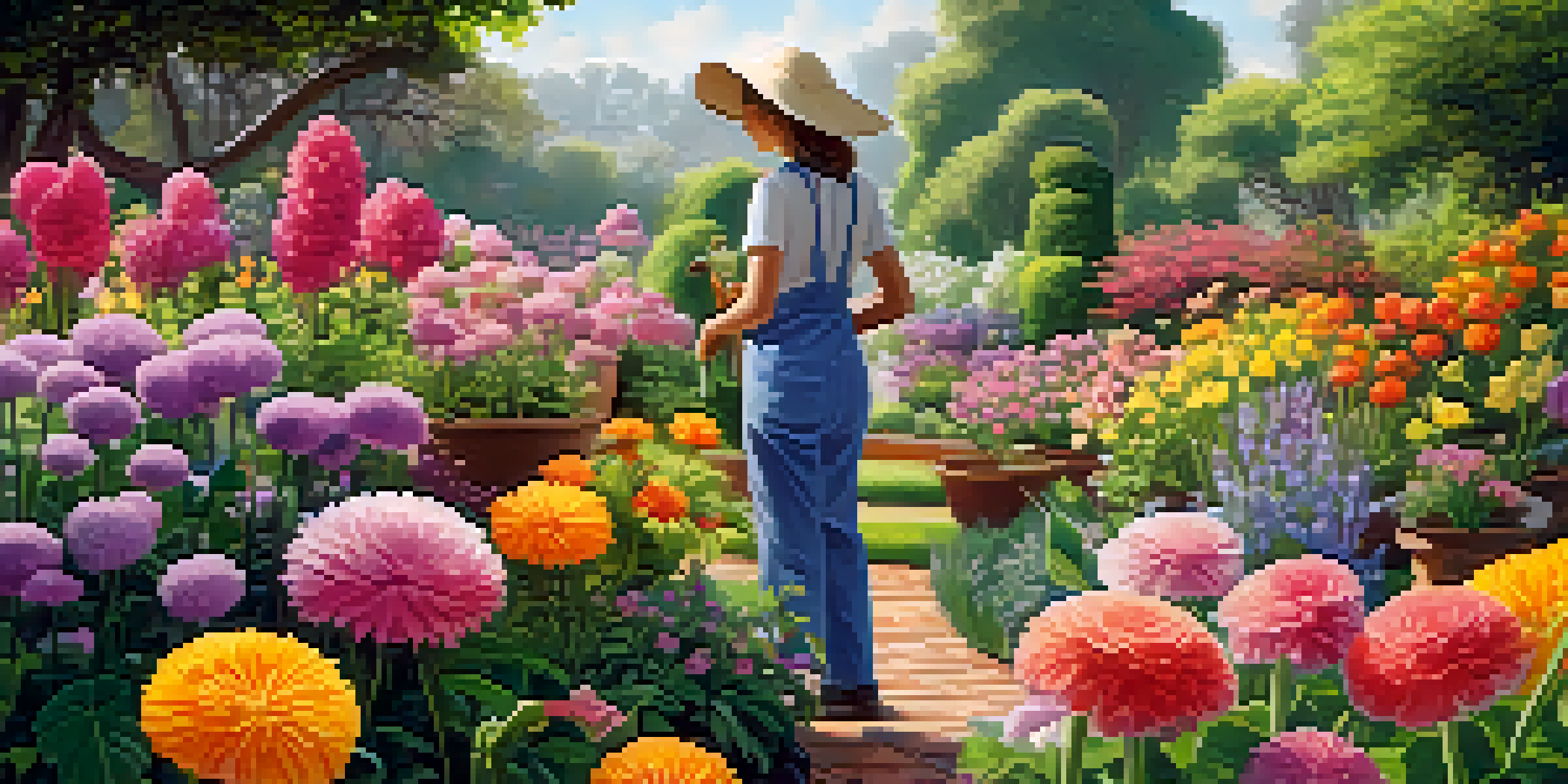 A colorful garden with a gardener watering flowers, symbolizing care and nurturing.