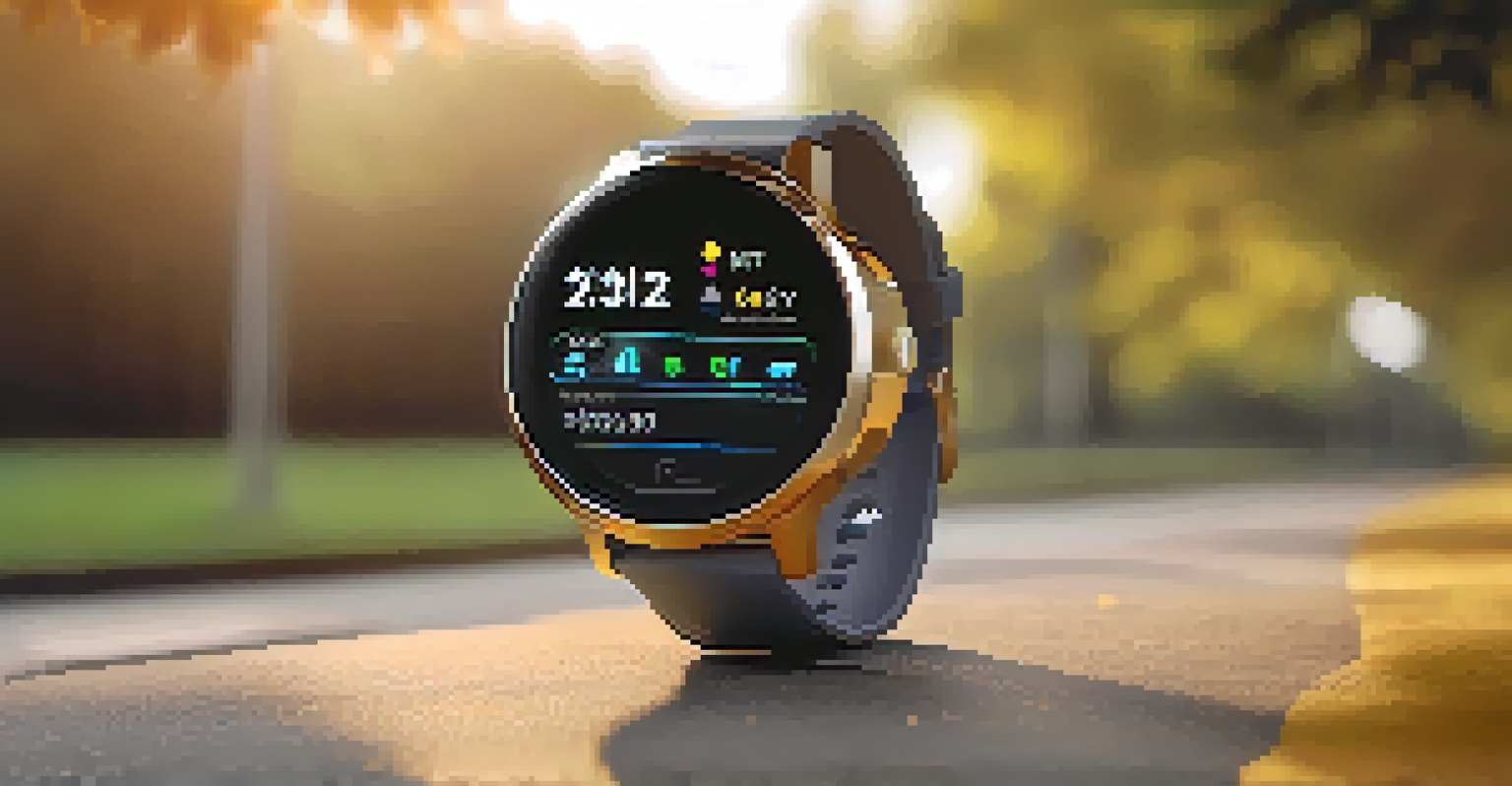 A smartwatch showing health metrics on a running path in a park during golden hour.