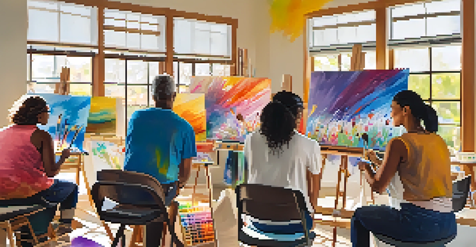 A group of employees enjoying a colorful art therapy session, painting on canvases in a bright, sunlit room.