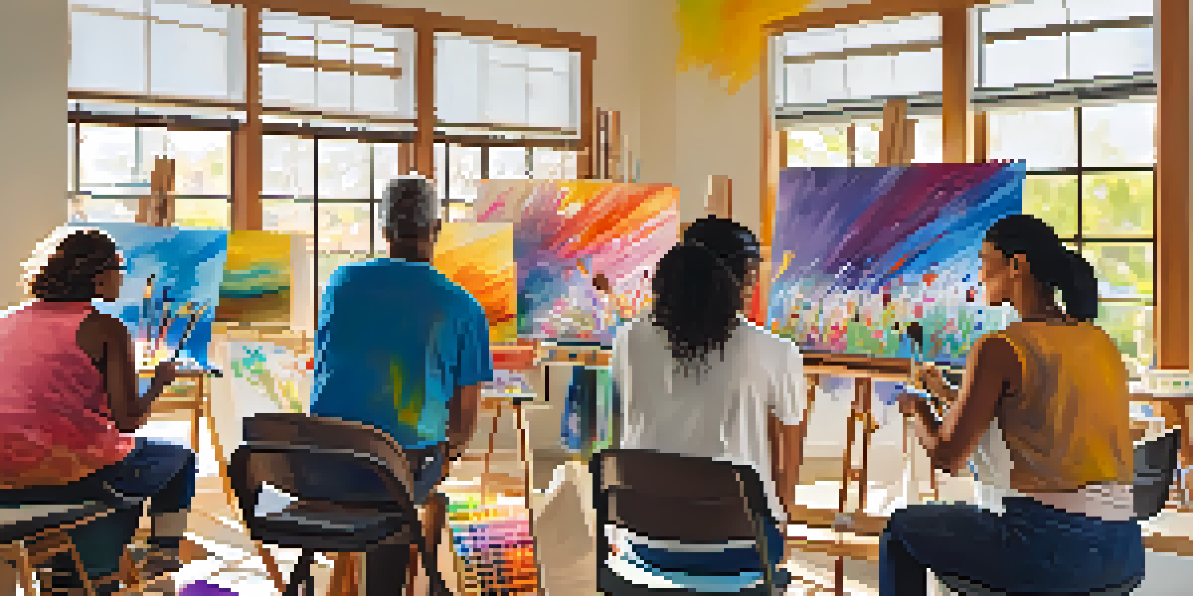 A group of employees enjoying a colorful art therapy session, painting on canvases in a bright, sunlit room.