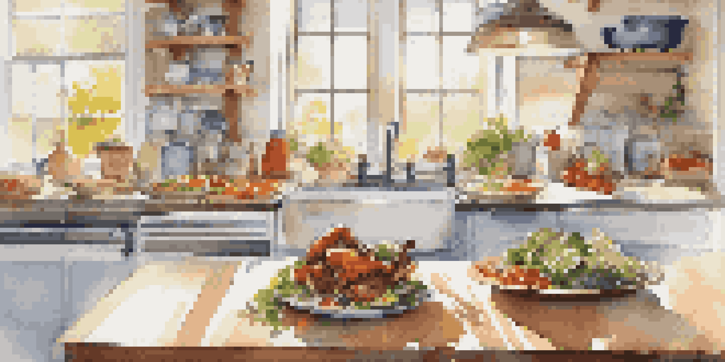 A bright kitchen filled with various high-protein foods such as grilled chicken, Greek yogurt, and a colorful salad, with sunlight illuminating the scene.