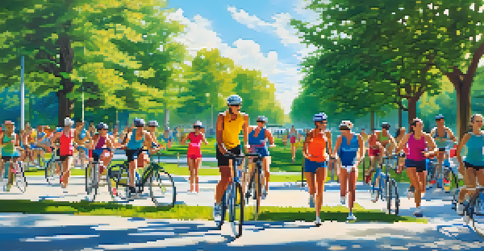 A diverse group of people participating in different cross-training activities in a sunny park.