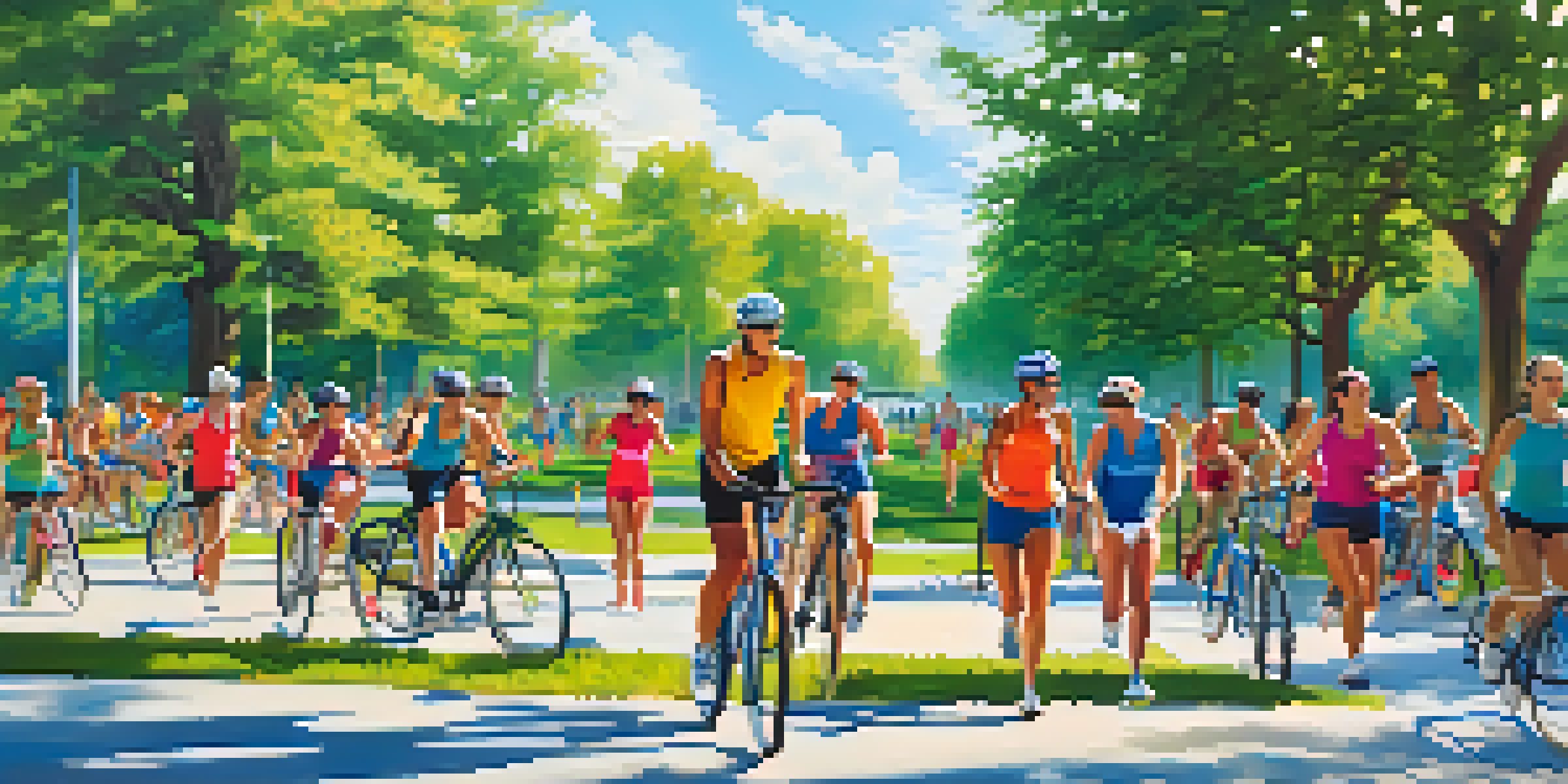 A diverse group of people participating in different cross-training activities in a sunny park.