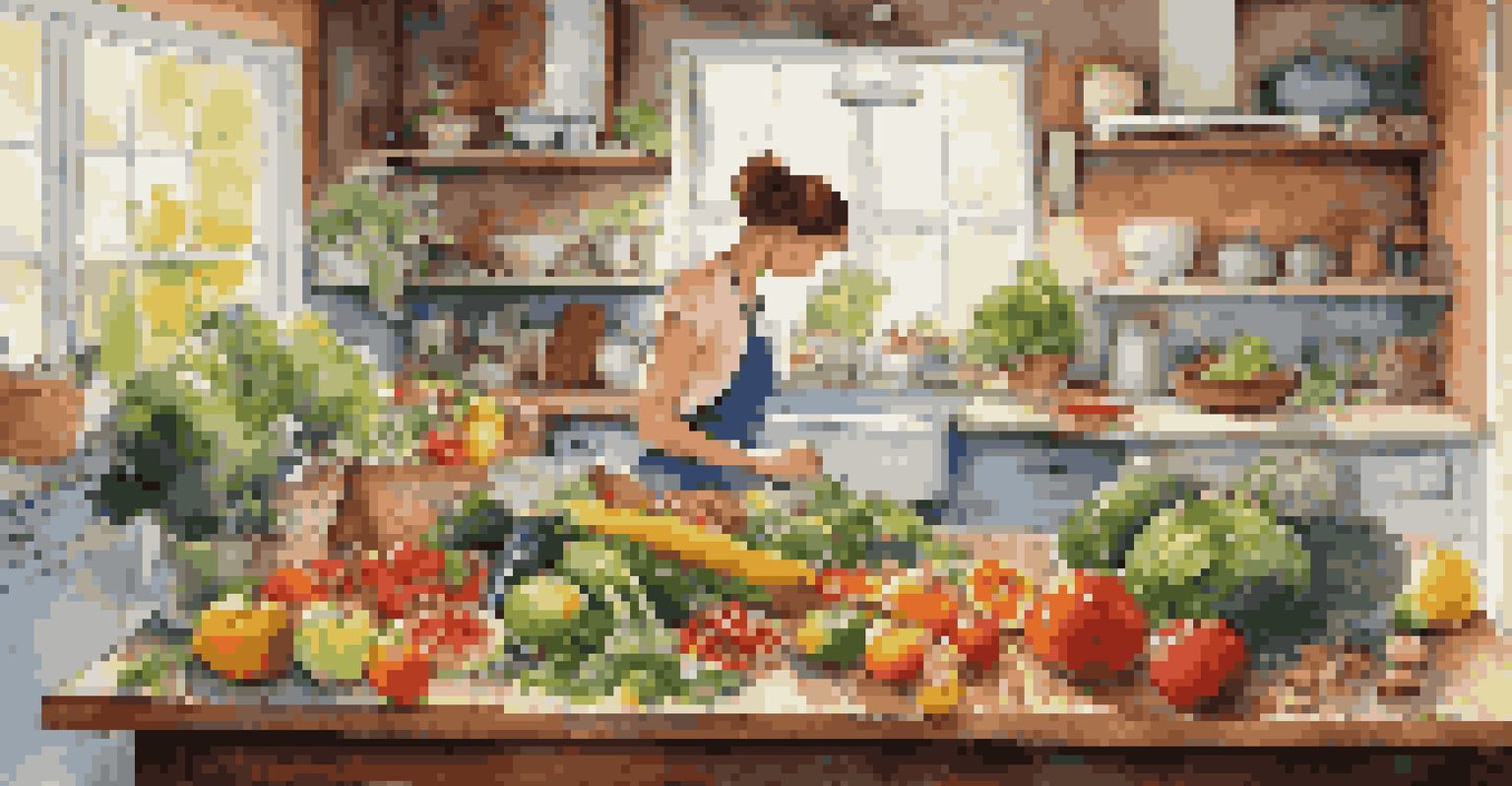 A person preparing a healthy meal in a colorful kitchen, surrounded by fresh fruits and vegetables.